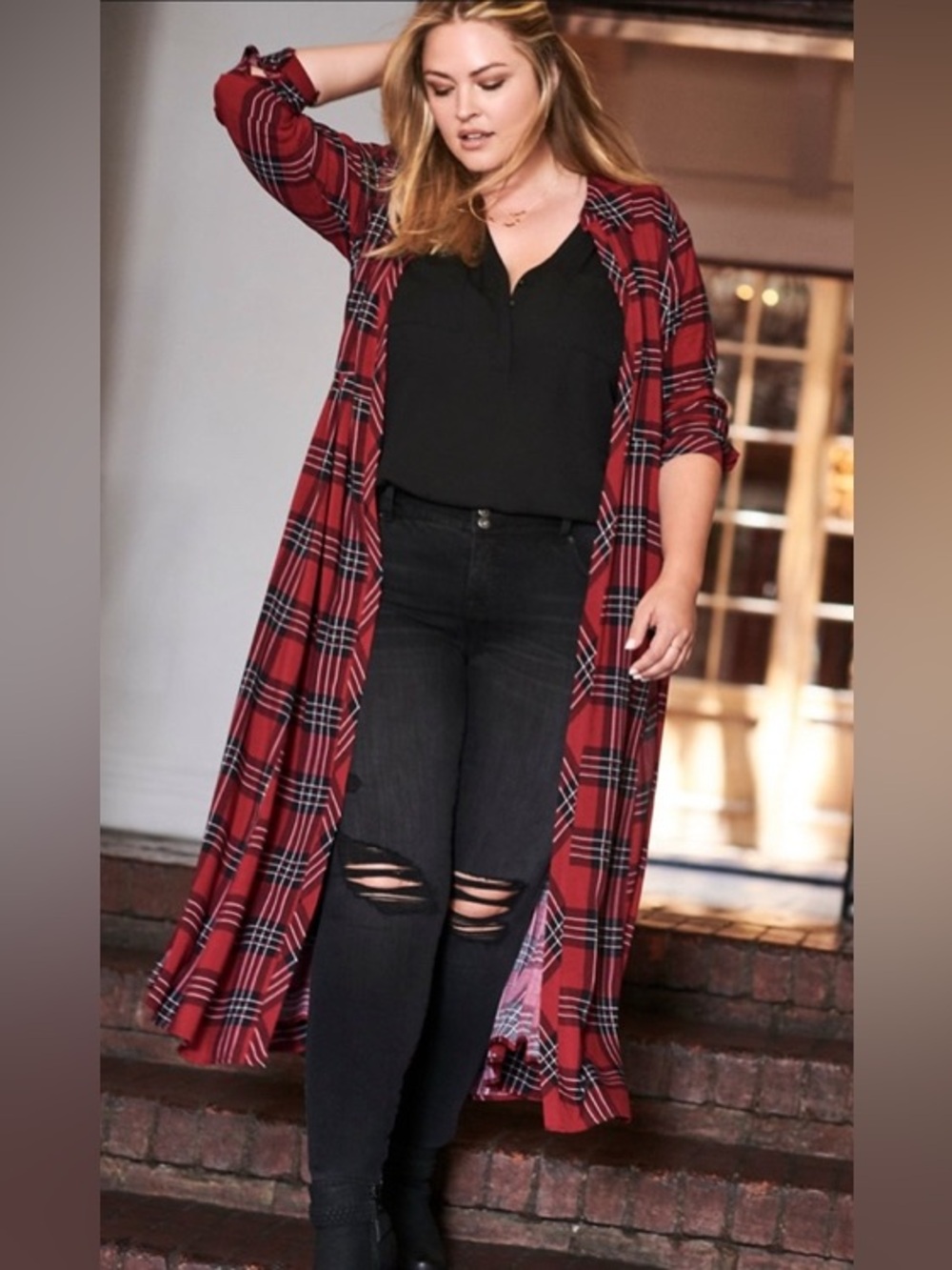 Torrid 3 Red and Black Plaid Longline Duster